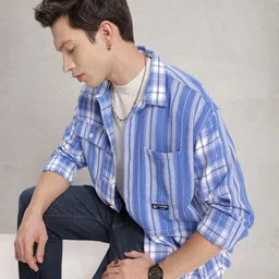 WROGN Checked Drop-Shoulder Sleeves Oversized Knitted Casual Shirt-image-11
