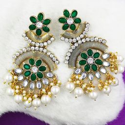 Saizen Gold-Plated Kundan Studded & Pearls Beaded Floral Shaped Drop Earrings-image-78