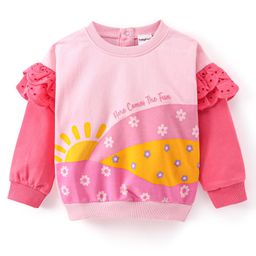 Babyhug Full Sleeves Sweatshirt with Sun & Flower Graphics & Frill Detailing - Pink-image-43
