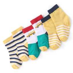 Cute Walk By Babyhug Non Terry Anti Bacterial Ankle Length Socks Striped & Car Design Pack Of 3 - Yellow-image-53