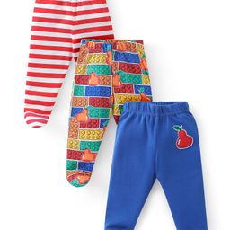 Babyhug Interlock Cotton Knit Striped Bootie Leggings Fruit Print Pack of 3 - Blue & Red-image-18