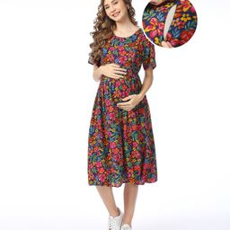 bella mama Bella MamaWoven Flower Print Half Sleeves Maternity Dress with Pocket - Multicolour-picture-29
