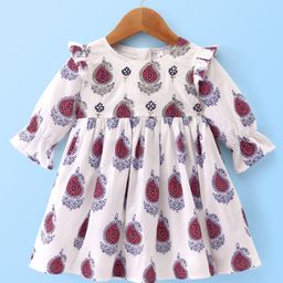 Babyhug Cotton Woven Three Fourth Sleeves Kolka Printed Ethnic Dress - White-picture-22