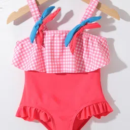 Kookie Kids Sleeveless Checkered V Cut  Swimsuit  with Frill Detailing  & Bow Applique  - Red-picture-36