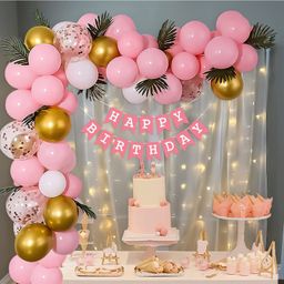 Surprise Decor Pink Theme Birthday Decoration Items Kit for girls includes Pink, White & Metallic Gold Balloons with White Net Curtain, Fairy LED Light & Fake Palm Leaves- 71 Items-11
