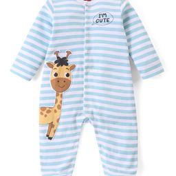 Babyhug Cotton Knit Full Sleeves Striped Sleepsuit With Giraffe Print - Blue-image-89