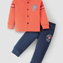 Pink Rabbit Single Jersey Cotton Knit Full Sleeves Front Open Night Suit With Text Print - Rust Orange-image-39