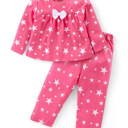 Babyhug Cotton Knit Full Sleeves Night Suit with Star Print & Bow Detailing - Pink-picture-22