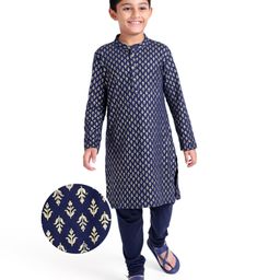 Earthy Touch Single Jersey Knit Full Sleeves Printed Kurta Pyjama Set - Navy Blue-image-44