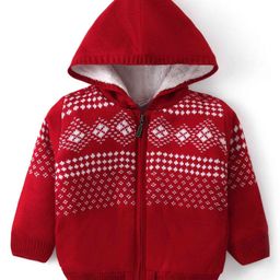 Babyhug Knit Full Sleeves Hooded Sweater Aztec Design - Red-image-28