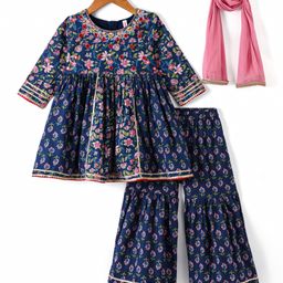 Babyhug  Woven  Three Fourth Sleeves  Floral Printed Kurta & Gharara Set with Dupatta - Blue-image-4