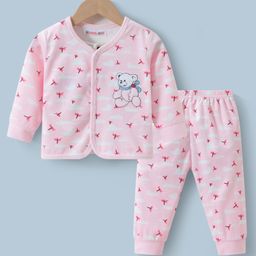 Kookie Kids Full Sleeves Winter Wear T-Shirt & Lounge Pant Set with Bear Patch- Pink-picture-15