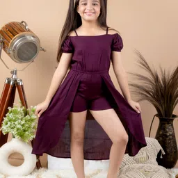 Kids Cave 100% Rayon Cold Shoulder Solid Mock Flared Dress Styled  Jumpsuit - Wine-picture-15