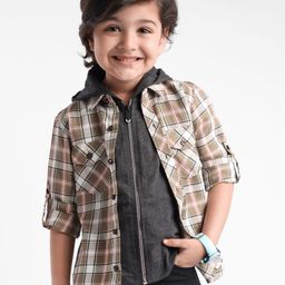 Rikidoos Full Sleeves Checked Hooded Shirt With Attached Tee - Dark Grey & Khaki-image-82
