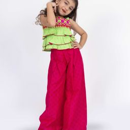 Twisha Sleeveless Floral Embroidered Top & Palazzo Set - Lime Green & Pink-image-71