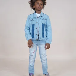 Kiddopanti Cotton Half Sleeves Solid Tee With Denim Jeans & Jacket Set - White & Light Blue-picture-38