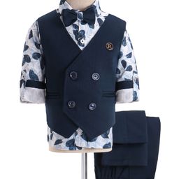 Rikidoos Cotton Full Sleeves Leaves Printed Shirt With Textured Waistcoat Pant & Bow Set - Navy Blue & White-image-89