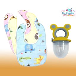 The Cheeky Kidzz Baby Food Feeder Silcone Fruit Vegetable Nibbler Rattle Soother Teether With 3 Cotton Feeding Bibs(YELLOW)-6