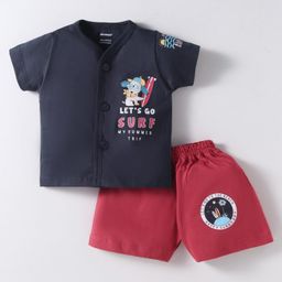 CUCUMBER Sinker Knit Half Sleeves Front Open T-Shirt & Shorts Set With Dog Print - Navy Blue & Red-image-30