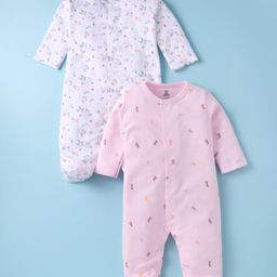 I Bears Interlock Knit Full Sleeves Front Open Footed Rompers with Floral & Grass Hopper Print Pack of 2 - Pink & White-image-43
