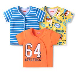 Babyhug 100% Cotton Knit Front Open Vests with Stripes & Tiger Print Pack of 3 - Orange Yellow & Blue-image-40
