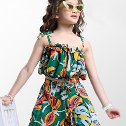OLLINGTON ST. Woven Georgette Tropical Theme Printed Sleeveless Co-ords Top & Shorts Set- Multicolor-image-11