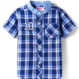 Babyhug Cotton Woven Half Sleeves Shirt With Mandarin Collar & Check - Navy Blue-image-18