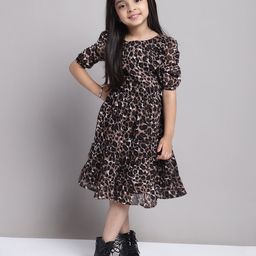 Mini & Ming Georgette Half Puffed Sleeves Leopard Printed Tiered Dress - Black-image-17