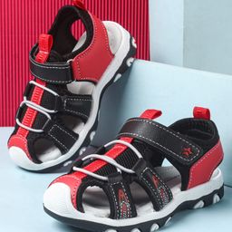 Cute Walk by Babyhug Velcro Closure Sandals With Lace Detailing - Black & Red-image-99