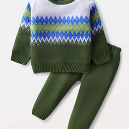 Babyhug Knitted Full Sleeves Sweater Set With Chevron Design - Olive Green & Blue-image-76