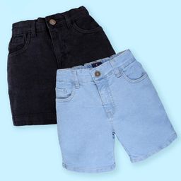 Kiddopanti Denim Woven Pack Of 2 Solid Shorts - Black & Light Wash Blue-image-87