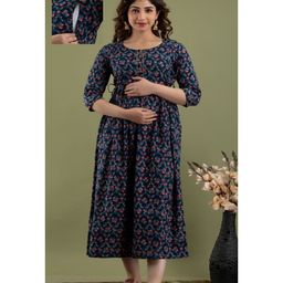 NEVISHA STYLE Cotton Woven Three Fourth Sleeeves Floral Printed Maternity Kurta With Nursing Access - Blue-picture-17