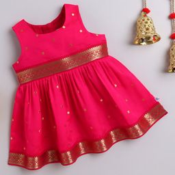 Many frocks & Blended Woven Sleeveless Abstract Foil Printed Gota Lace Embellished Dress - Pink-image-64