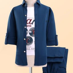 Radutu Full Sleeves Solid Shirt & Pant With Typography Printed Tee Set - Blue & White-image-30
