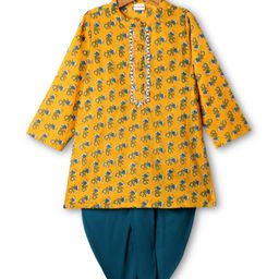 Babyhug Cotton Woven Full Sleeves Kurta Dhoti Set With Floral Print - Mustard-image-75