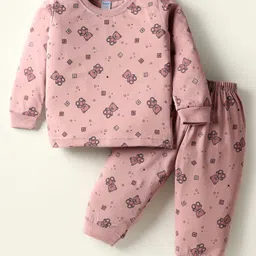 Tango Single Jersey Knit Full Sleeves Teddy Bear Printed Co-Ords Night Suit - Pink-picture-6