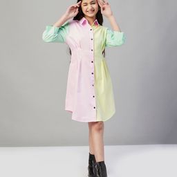 StyloBug Cotton Woven Three Fourth Sleeves Cut & Sew Shirt Style Dress - Pink-image-99