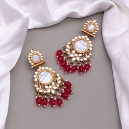BELWICK Brass-Plated Kundan Studded And Pearls Beaded Circular Shaped Drop Earrings-16