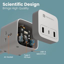 Portronics 20W Volt 20 High Speed Smart Desktop Charger with 3M Copper Cable, Type C PD Port, 2 USB Mach Port, 3 AC Power Socket, Compatible with Laptop,Smartphones,iPhones,Tablet,Power Bank(White) image 3