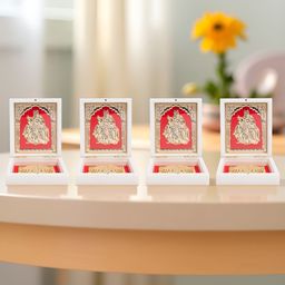 Golden Peacock 4Pcs White & Yellow 24 Ct Wooden Radha Krishna Prayer Box-image-95