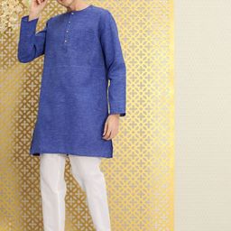 Ode by House of Pataudi Men Blue Kurta & White Pyjamas-56