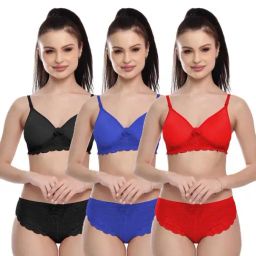 FIMS Red & Black Lace Work Bra Panty Sets - Pack Of 3-image-45