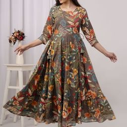 NISHABD Floral Printed Three Quarter Slevees Cotton Anarkali Kurta-image-5