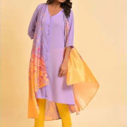 W Purple Printed A Line Kurta-image-13