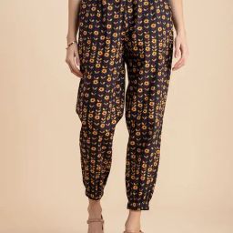 Moomaya Multicolor Cotton Floral Print High Rise Joggers-image-41