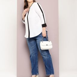 Qurvii+ Plus Size Striped Crepe Shirt Style Top-76