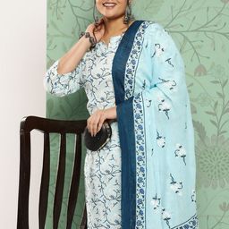 Yufta Plus Size Floral Printed Regular Pure Cotton Kurta With Trousers & Dupatta-image-39