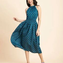 Moomaya Teal & Black Printed Midi Dress-image-37