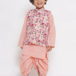 Little Bansi Kids Peach Floral Print Full Sleeves Kurta, Dhoti with Jacket-image-81