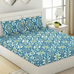 Spaces Ikkat Motif Blue 144 TC Cotton King Bedsheet with 2 Pillow Covers-picture-10